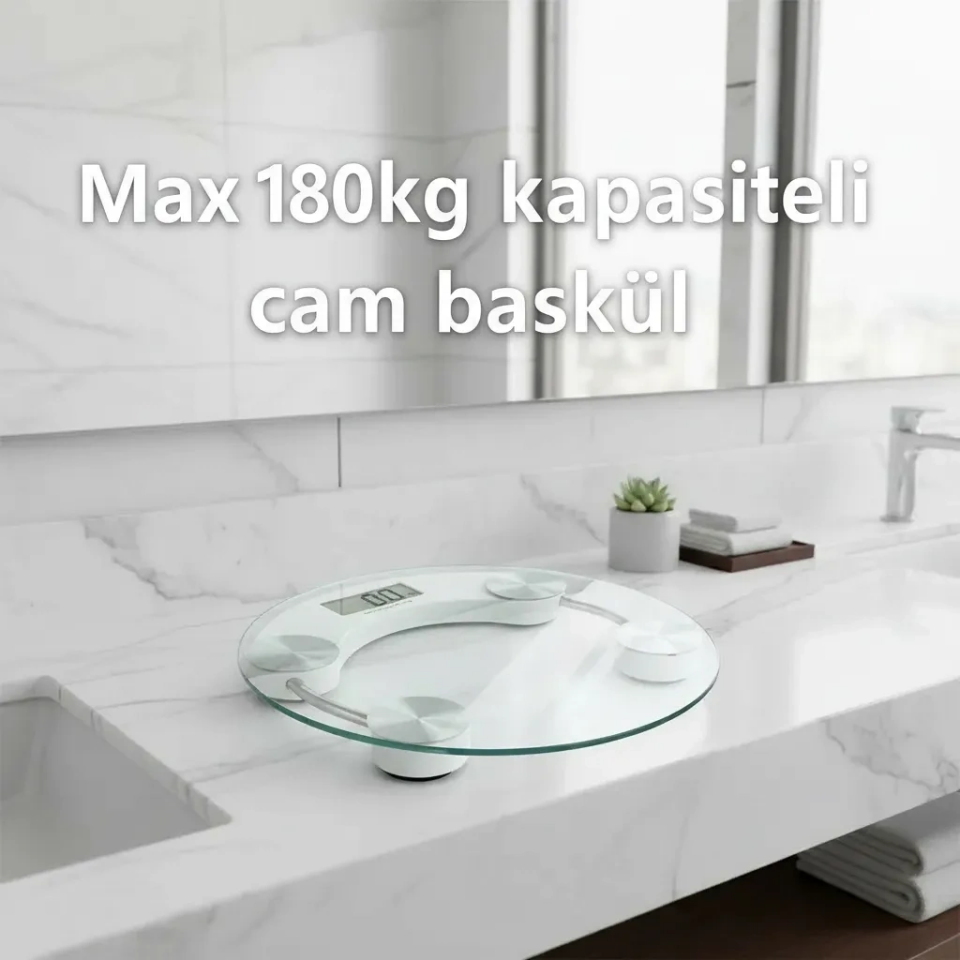Yuvarlak Şeffaf Dijital Cam Baskül Tartı – 180 Kg Taşıma Kapasitesi, Hassas Ölçüm, Şık Tasarım Terazi ( Lisinya )