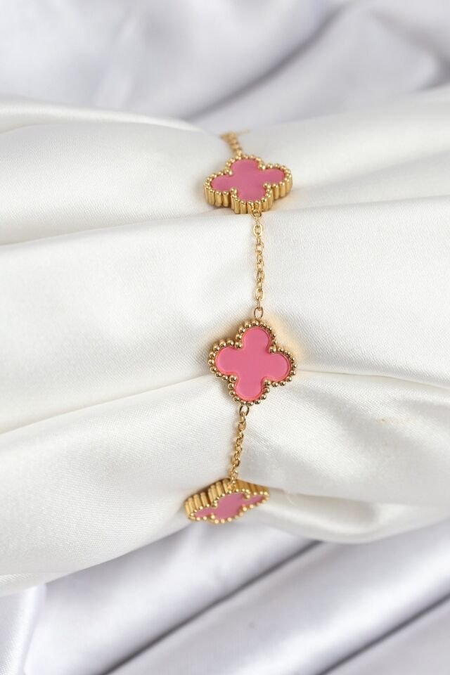 316L Çelik Gold Zincir Pembe Yonca Renk Bileklik - Lisinya