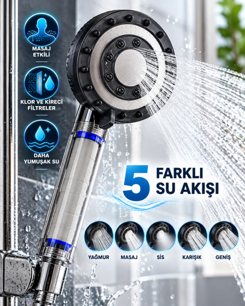 Klor ve Kireç Filtreli Duş Başlığı 5 Farklı Su Akışı Masaj Etkili Filtreli Duş Başlığı