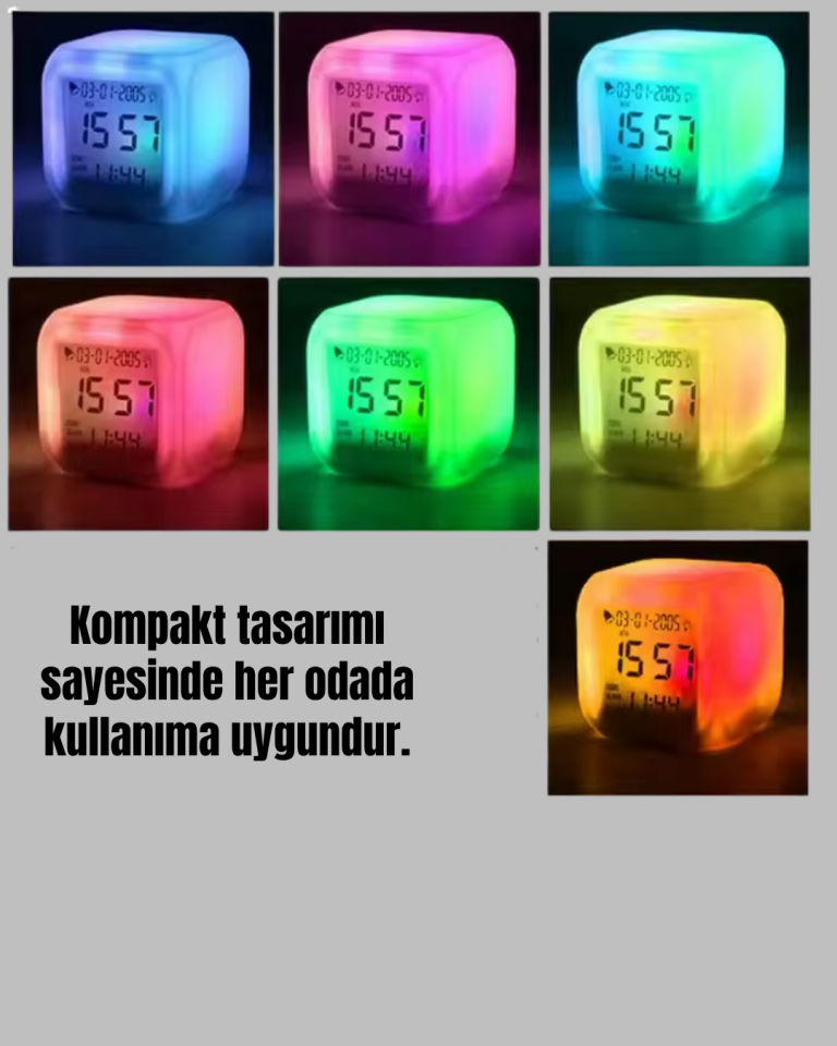 7 Renk LED Işıklı Alarmlı Dijital Küp Masa Saati Termometreli - Lisinya