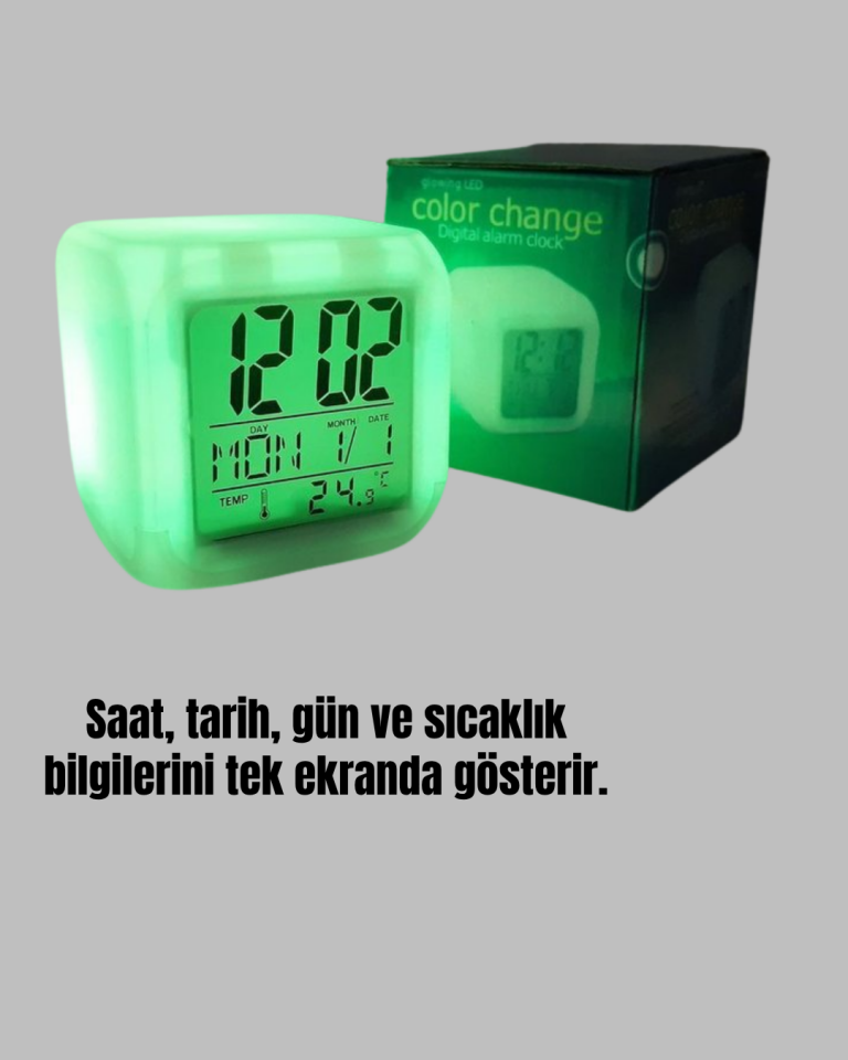 7 Renk LED Işıklı Alarmlı Dijital Küp Masa Saati Termometreli - Lisinya