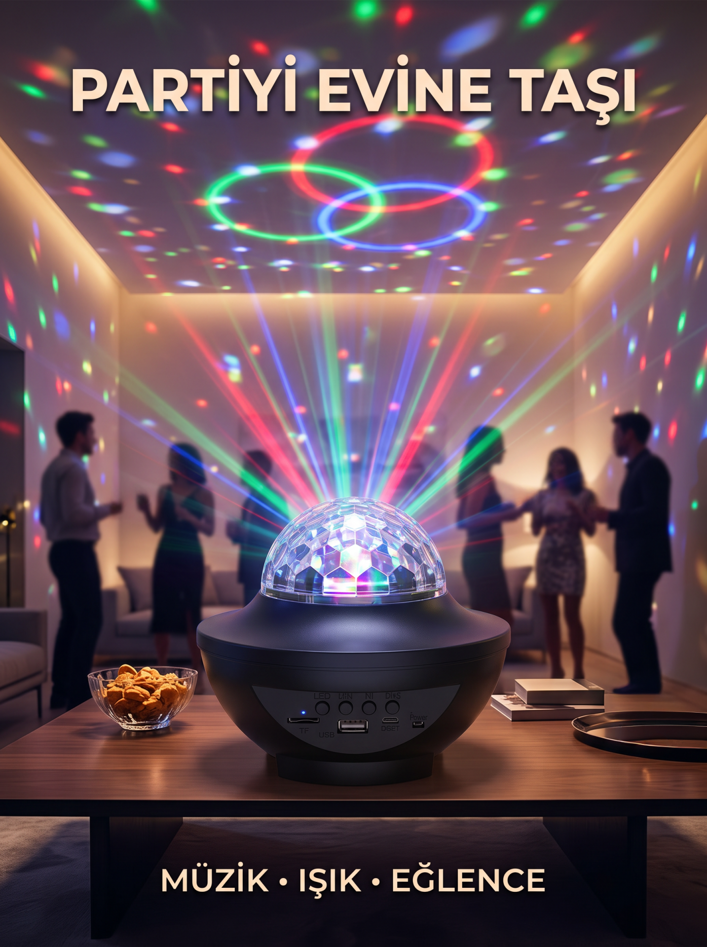 Müzikli RGB Disko Lambası Bluetooth Hoparlörlü Renkli Parti Işığı USB TF Kart Girişli - Lisinya