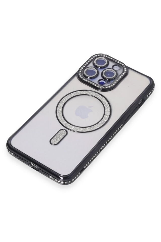 YamanHobi MagSafe Uyumlu Simli Silikon Telefon Kılıfı Taş Detaylı