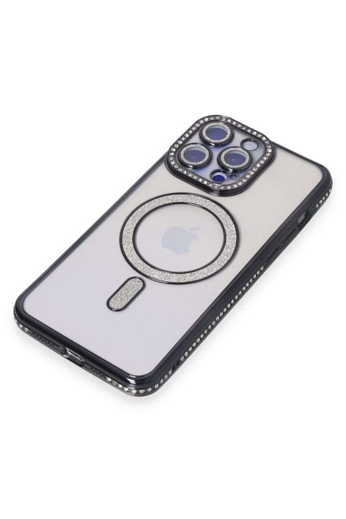 YamanHobi MagSafe Uyumlu Simli Silikon Telefon Kılıfı Taş Detaylı