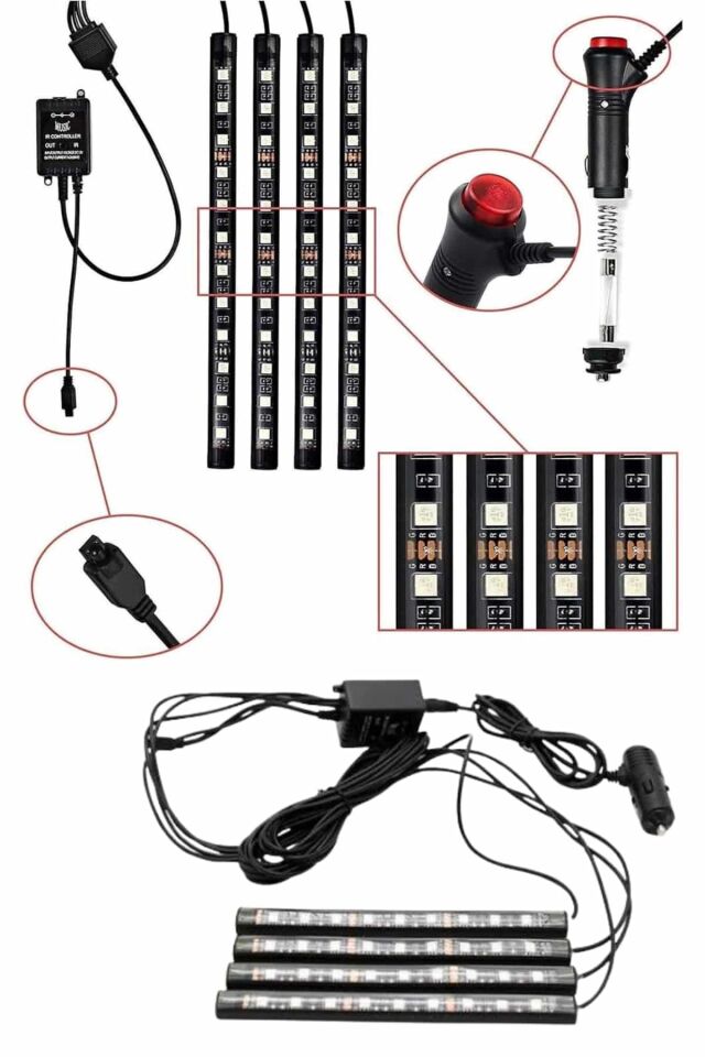RGB Işıklı Araç İçi Aydınlatma Kumandalı 12'li Led Işık Renk Değiştirebilen - Lisinya