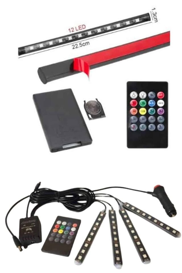 RGB Işıklı Araç İçi Aydınlatma Kumandalı 12'li Led Işık Renk Değiştirebilen - Lisinya
