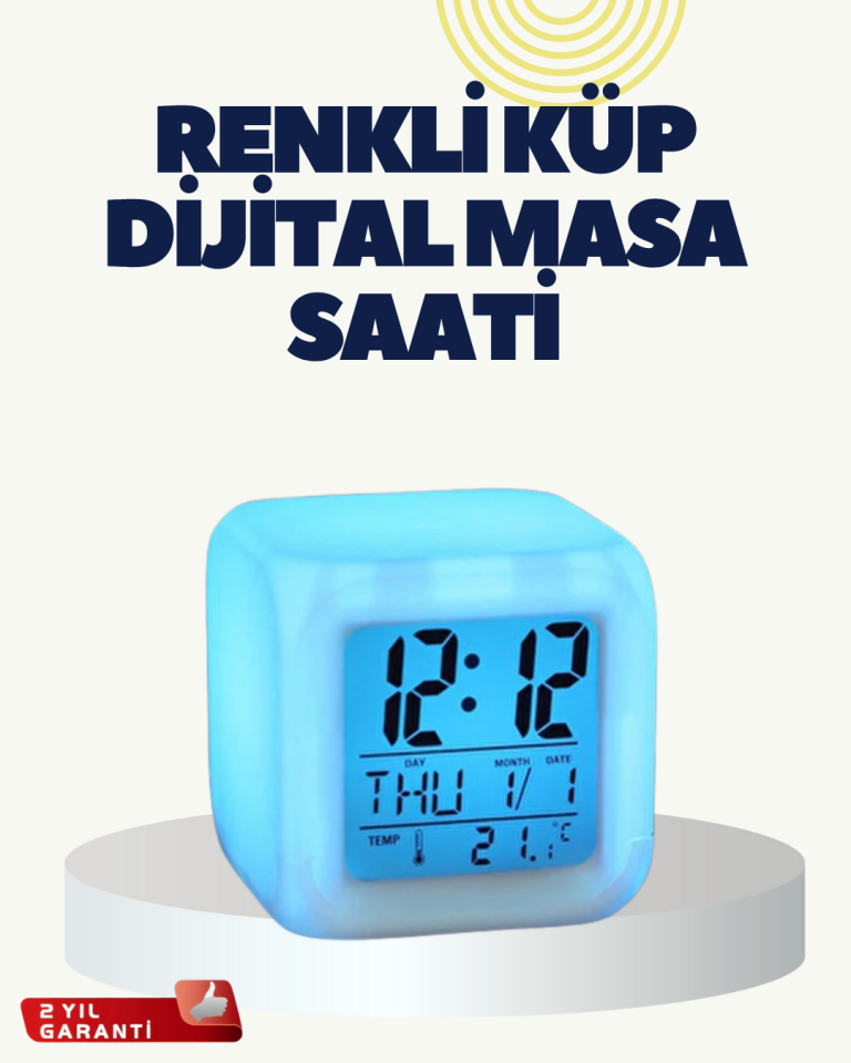 Termometre ve Takvim Özellikli 7 Renk Değiştiren Küp Alarm Saati - Lisinya