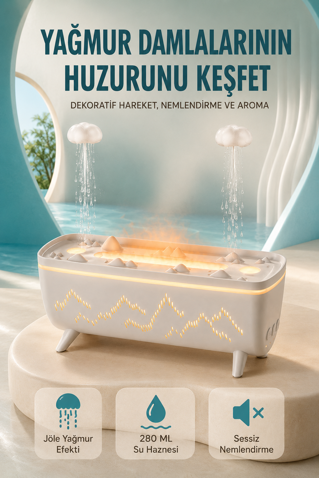 Dekoratif Hava Nemlendirici ve Aromaterapi Difüzörü 280 ML Yağmur Efektli Renkli LED Işıklı - Lisinya