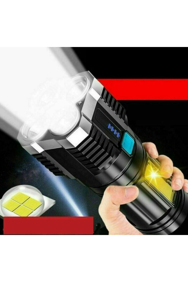 Ultra Parlak El Feneri Usb Şarj 4 Led+Yan Cob Led Taktik Günlük Hayat Kamp Avcılık El Feneri ( Lisinya )