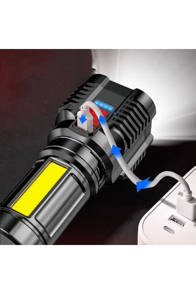 Ultra Parlak El Feneri Usb Şarj 4 Led+Yan Cob Led Taktik Günlük Hayat Kamp Avcılık El Feneri ( Lisinya )