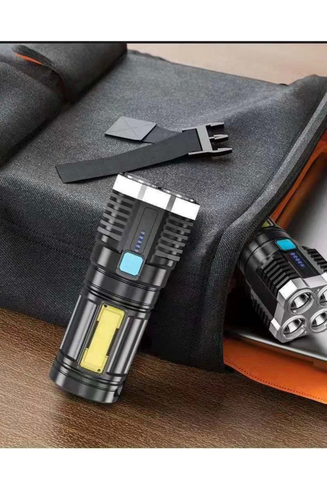 Ultra Parlak El Feneri Usb Şarj 4 Led+Yan Cob Led Taktik Günlük Hayat Kamp Avcılık El Feneri ( Lisinya )