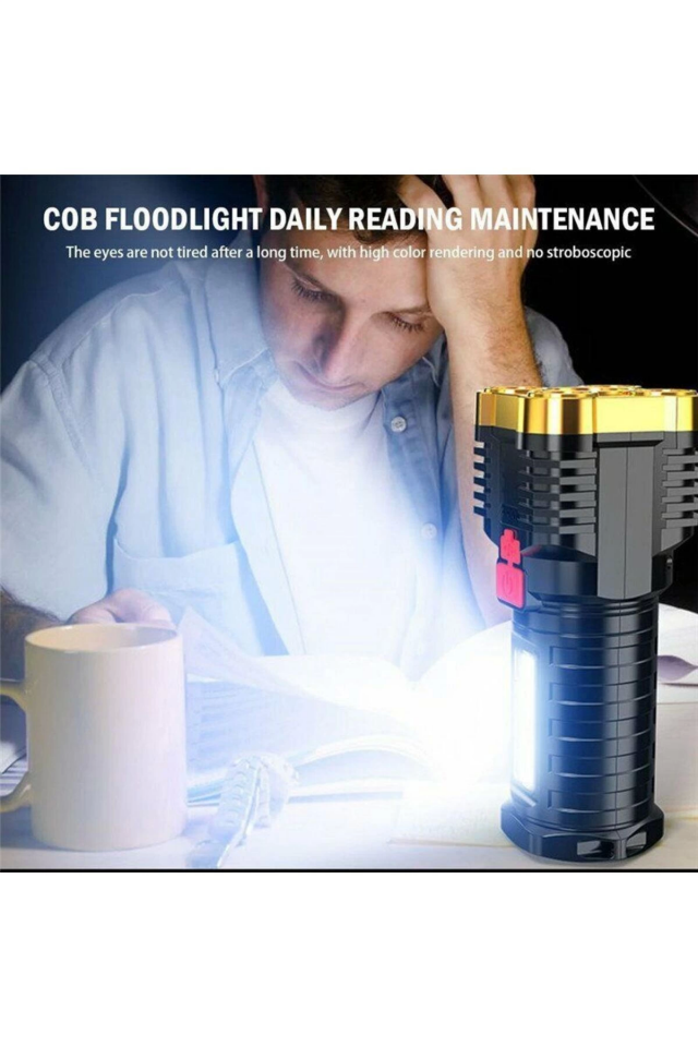 Ultra Parlak El Feneri Usb Şarj 4 Led+Yan Cob Led Taktik Günlük Hayat Kamp Avcılık El Feneri ( Lisinya )