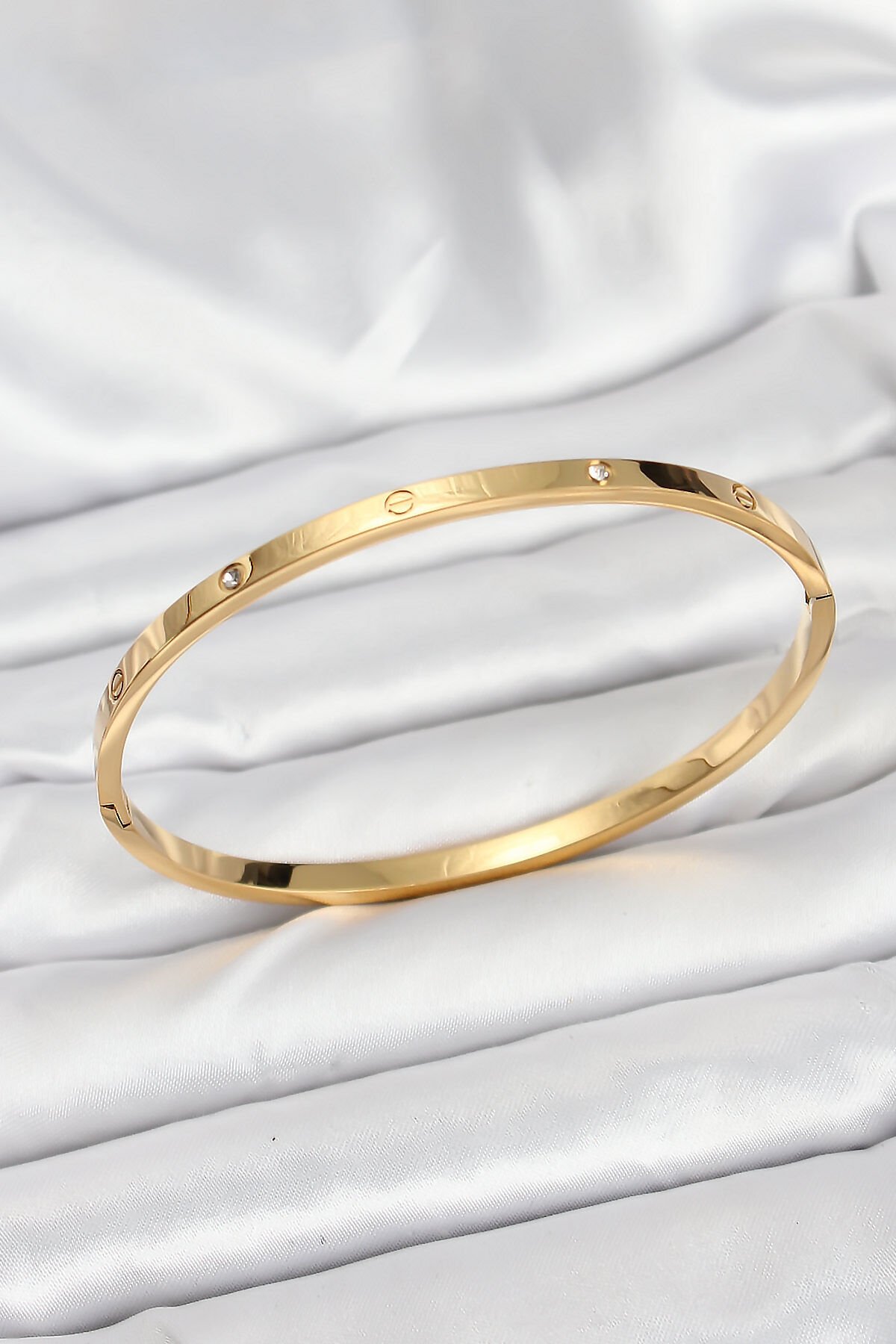 316L Çelik Gold Renk Zirkon Taşlı 65 mm İnce Kadın Kelepçe Bileklik - Lisinya