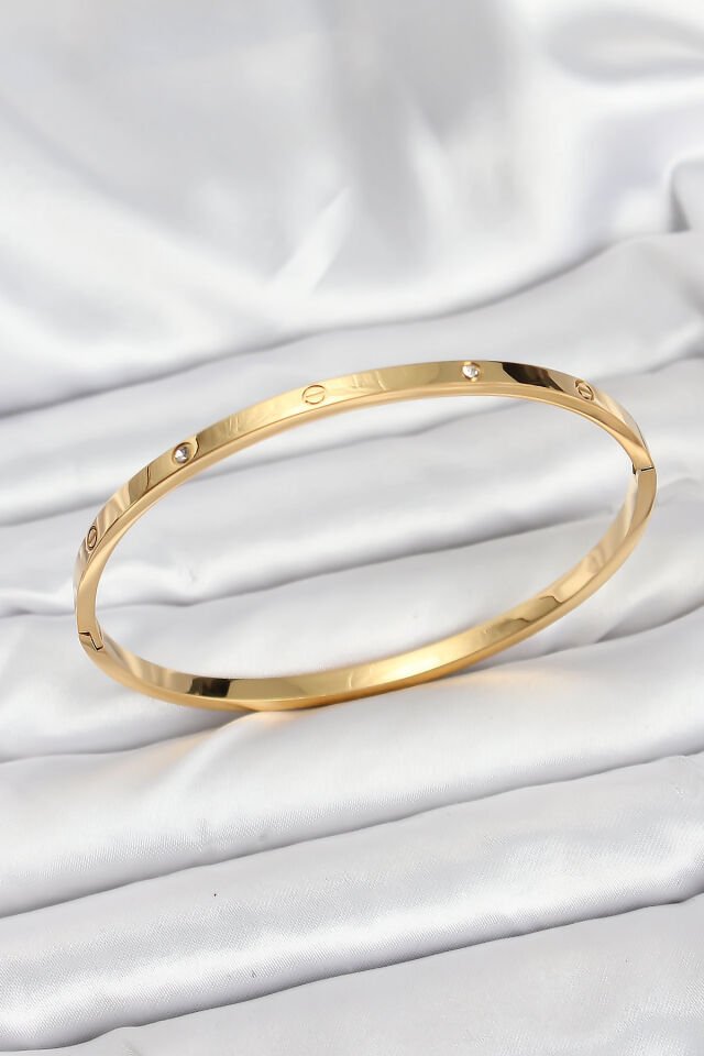 316L Çelik Gold Renk Zirkon Taşlı 65 mm İnce Kadın Kelepçe Bileklik - Lisinya