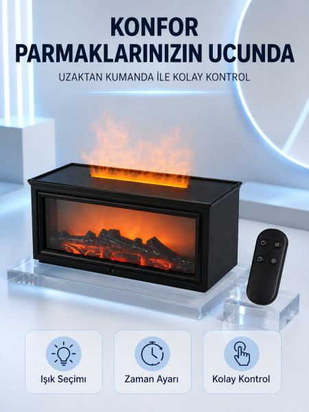 Dekoratif Şömine Görünümlü Nemlendirici Uzaktan Kumandalı Renkli LED Işıklı Difüzör - Lisinya