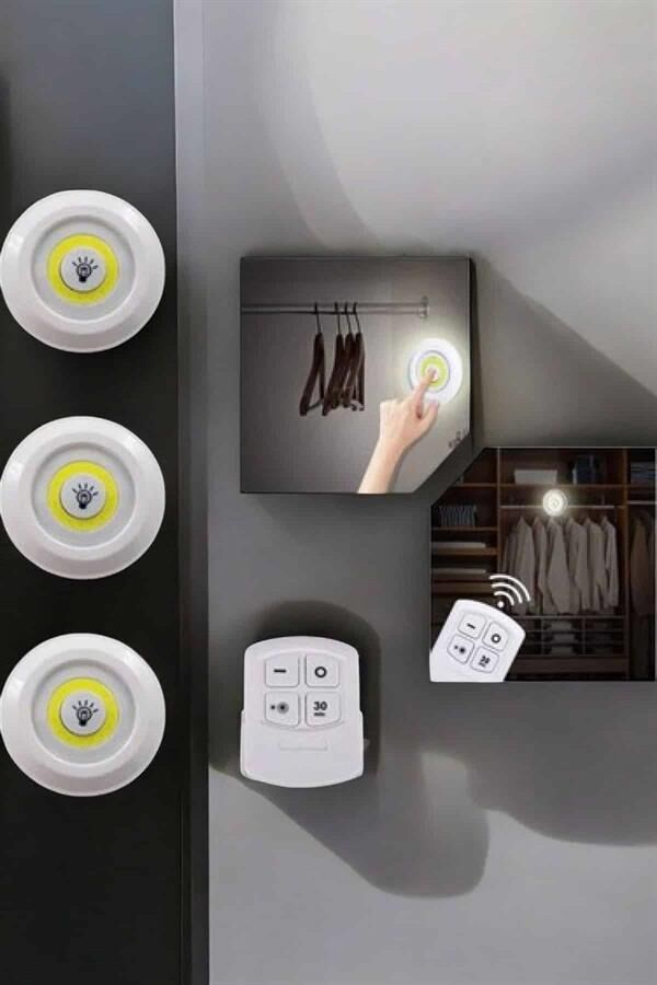 Spot Lamba Led Işık 3'lü Uzaktan Kumandalı Pilli Yapışkanlı Kablosuz - Lisinya