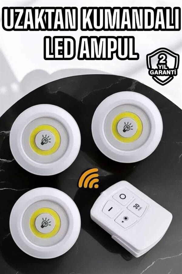 Spot Lamba Led Işık 3'lü Uzaktan Kumandalı Pilli Yapışkanlı Kablosuz - Lisinya