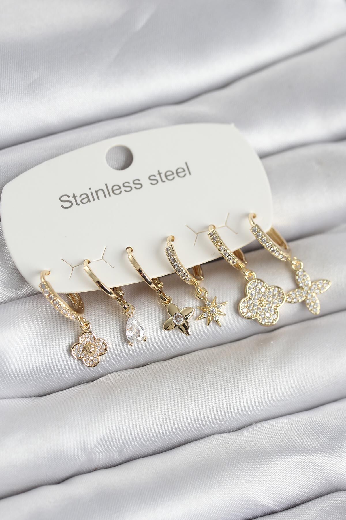 316L Çelik Gold Renk 6'lı Set Yonca Model Kadın Küpe - Lisinya