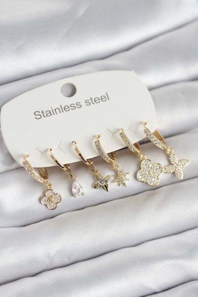 316L Çelik Gold Renk 6'lı Set Yonca Model Kadın Küpe - Lisinya