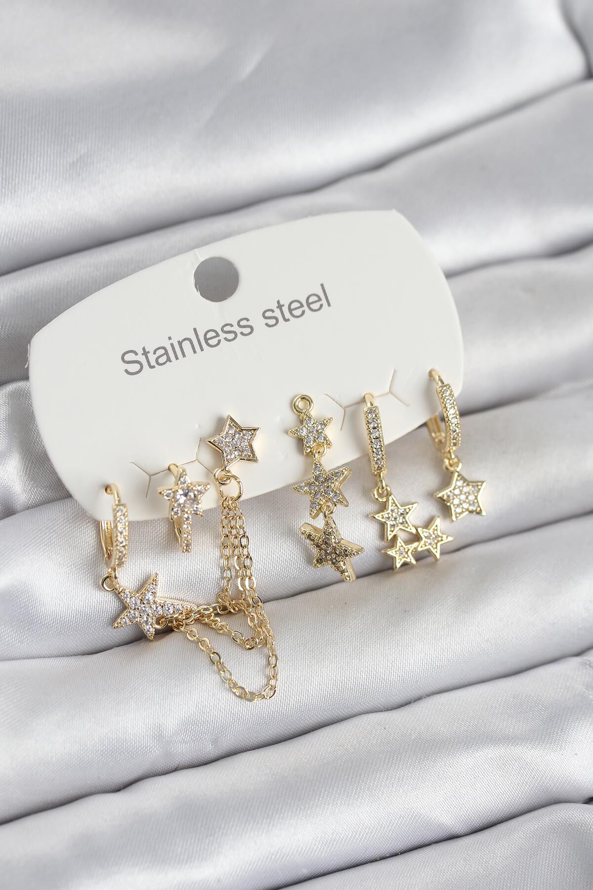 316L Çelik Gold Renk 6'lı Set Zincirli Yıldız Modelli Kadın Küpe - Lisinya