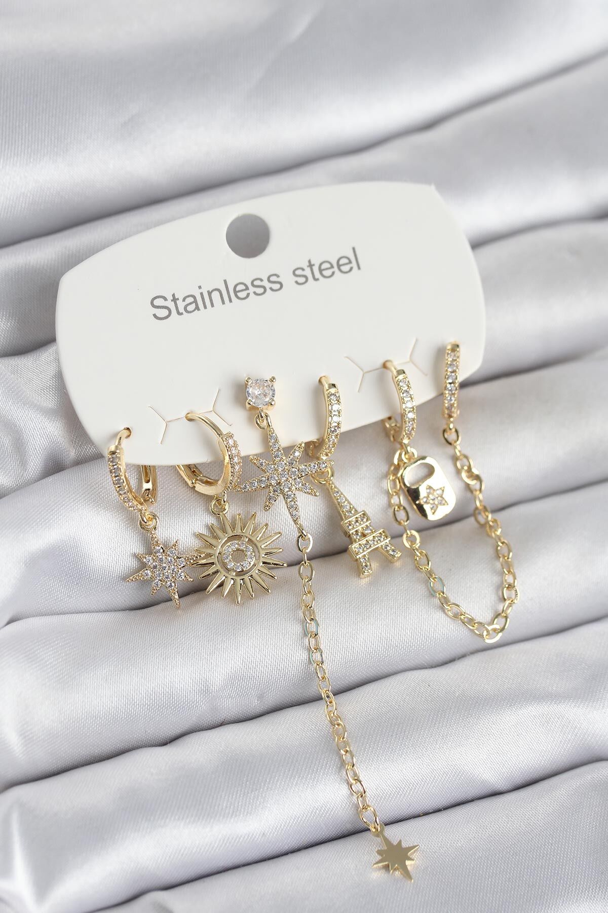 316L Çelik Gold Renk 6'lı Set Charmlı Kadın Küpe - Lisinya