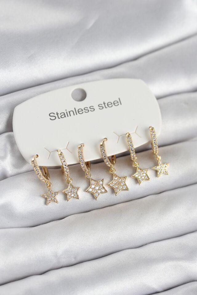316L Çelik Gold Renk 6'lı Set Yıldız Model Kadın Küpe - Lisinya