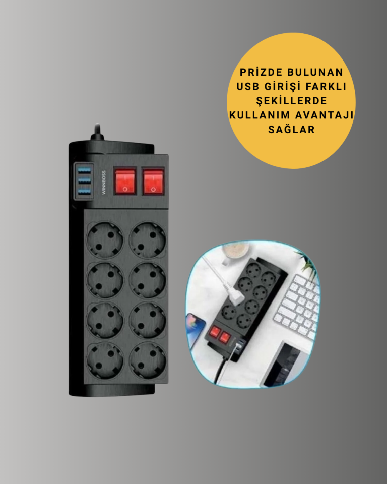 Akım Korumalı 8’li Priz 3 USB’li Uzatma Kablosu Isıya Dayanıklı 2 Metre - Lisinya