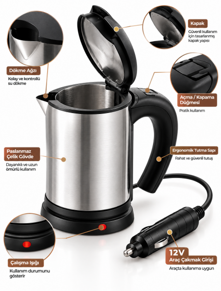 Yolculuk ve Seyahat İçin 12V Araç Uyumlu Paslanmaz Çelik Elektrikli Su Isıtıcı Kettle