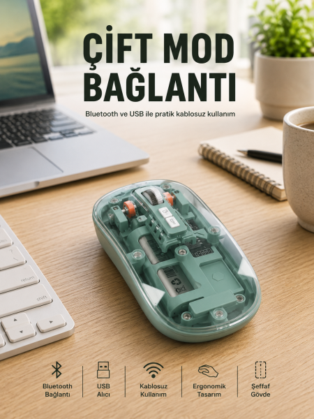 Pilli Kablosuz Mouse Bluetooth ve USB Uyumlu Sessiz Tıklama Yeni Nesil - Lisinya