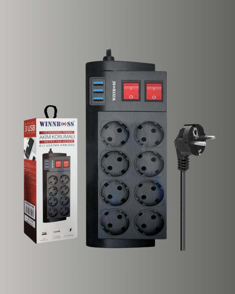Güçlü Termal Korumalı 8 Priz + 3 USB Çoklu Uzatma Kablosu 2m - Lisinya
