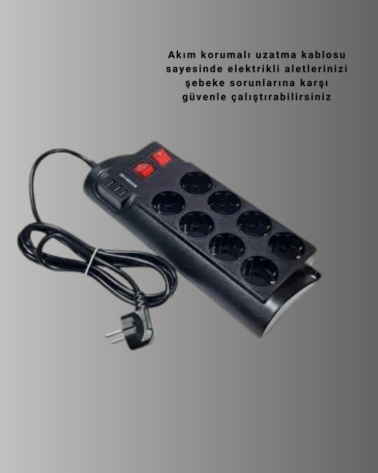 Güçlü Termal Korumalı 8 Priz + 3 USB Çoklu Uzatma Kablosu 2m - Lisinya
