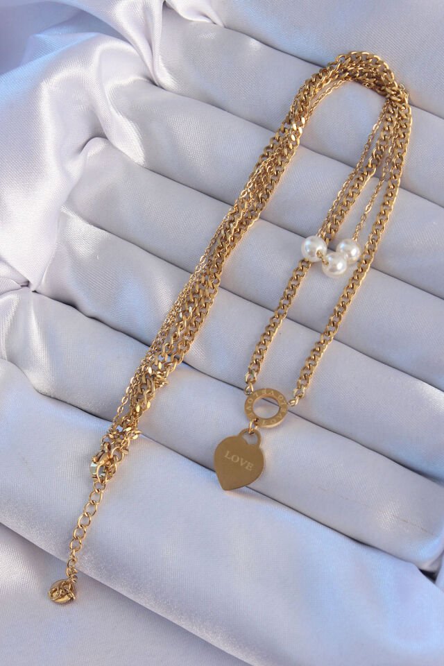 316L Çelik Gold Renk Çift Zincir İnci Detayı Love Kalp Kolye - Lisinya