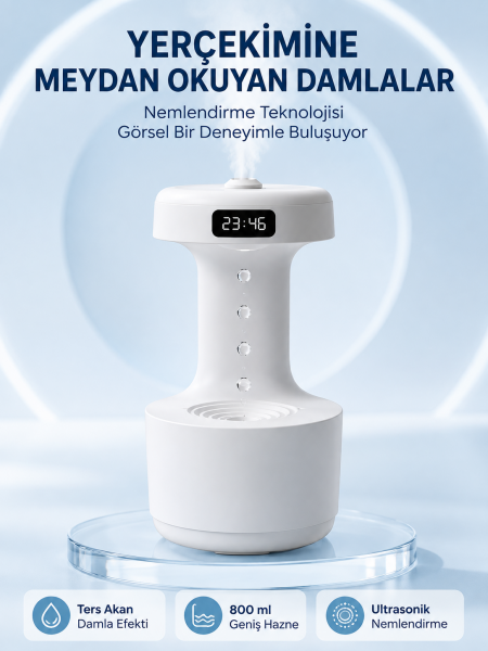 Dekoratif Hava Nemlendirici 800 ml Sessiz Aroma Difüzör Anti Yerçekimi Su Efektli - Lisinya