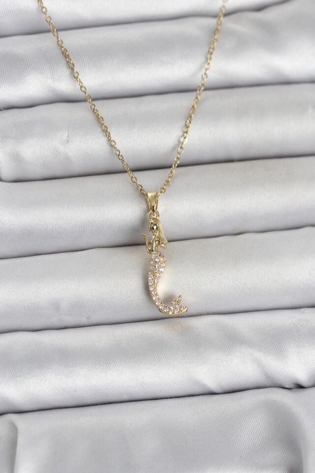 316L Çelik Zincir Gold Renk Zirkon Taşlı Deniz Kızı Model Kadın Kolye - Lisinya
