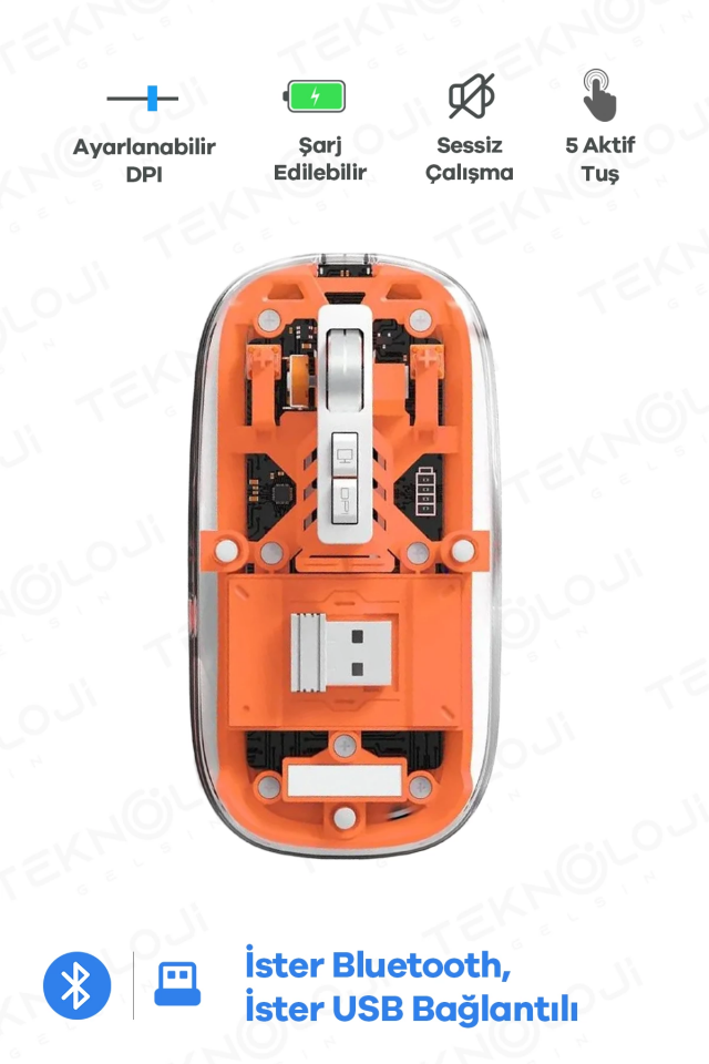 Bluetooth USB Çift Modlu Sessiz Mouse, Şeffaf Mıknatıslı Kapaklı, Type-C Şarjlı, DPI Ayarlı, Kablosuz 10m Çekim Mesafeli, Masaüstü Kısayol Tuşlu, Taşınabilir Şarjlı Mouse Turuncu ( Lisinya )