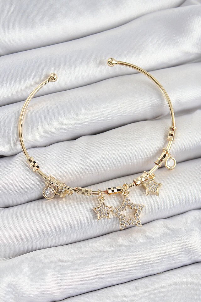 Pirinç Zirkon Taşlı Yıldız Model Gold Renk Charm Bileklik - Lisinya