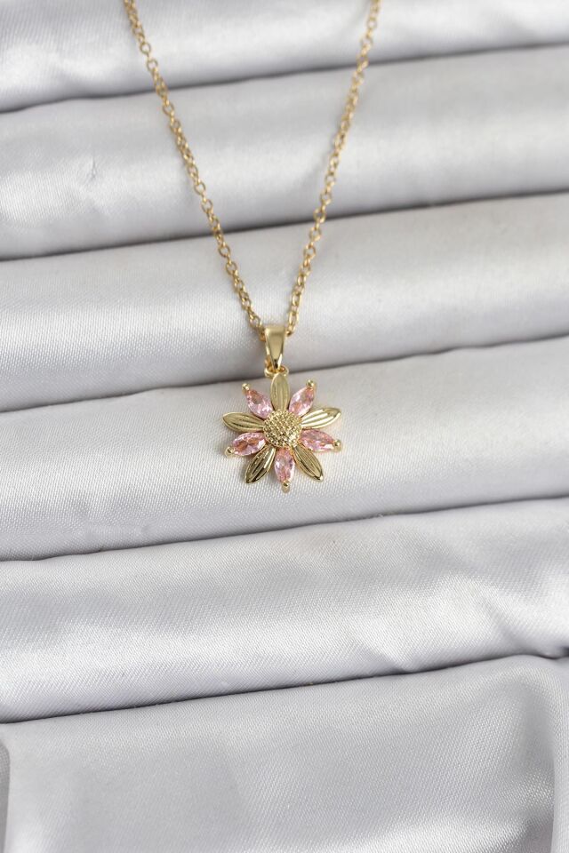 316L Çelik Zincir Gold Renk Pembe Papatya Model Kadın Kolye - Lisinya