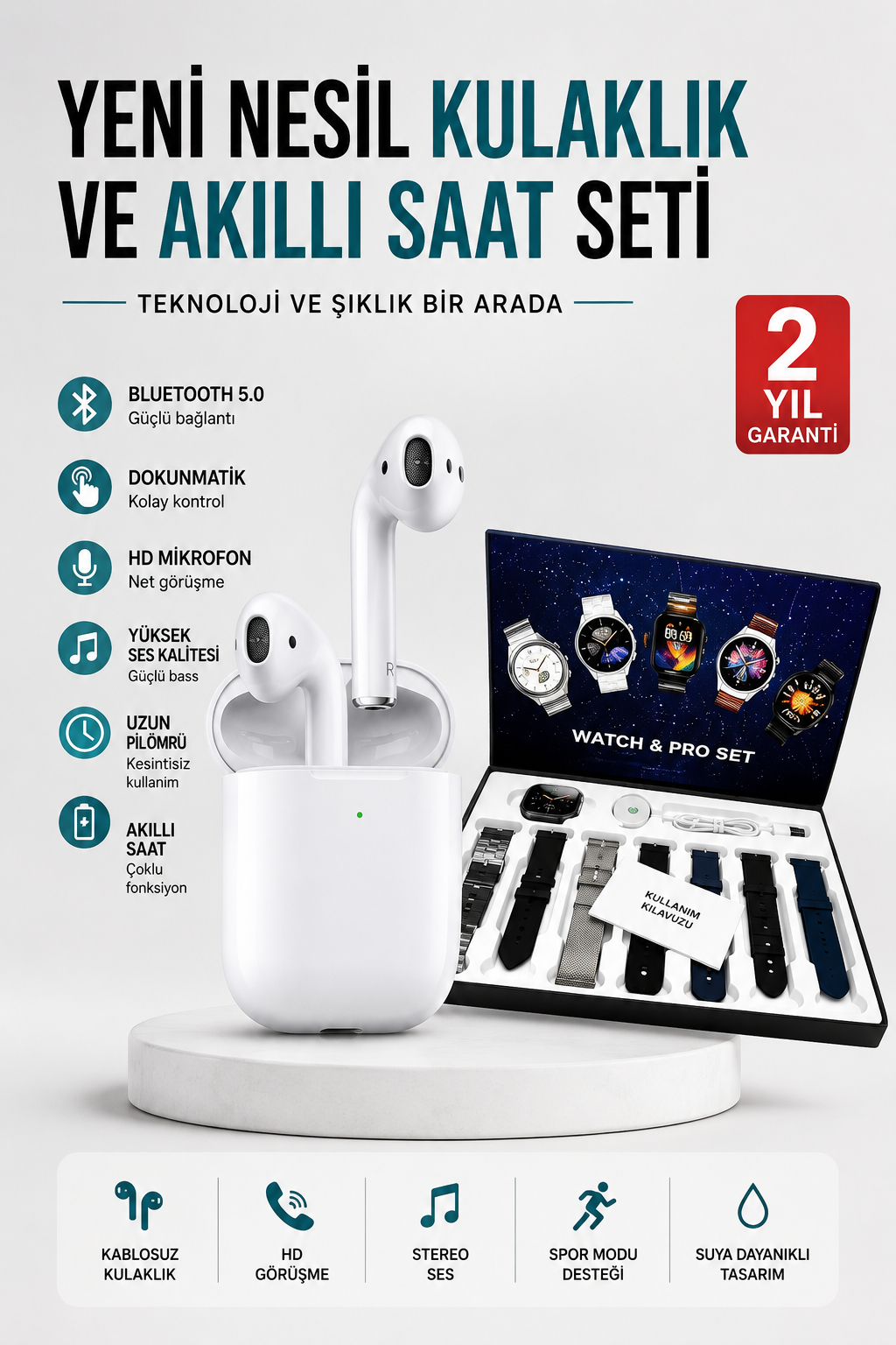 2025 Model Akıllı Saat ve 2.Nesil TWS Bluetooth Kulaklık Yüksek Ses Kaliteli - Lisinya