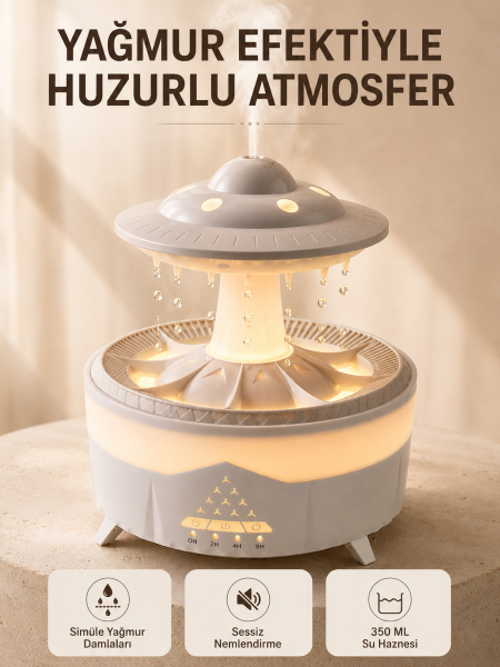 UFO Tasarımlı 350 ML Hava Nemlendirici Renkli Ortam Işığı Yağmur Efektli Difüzör - Lisinya