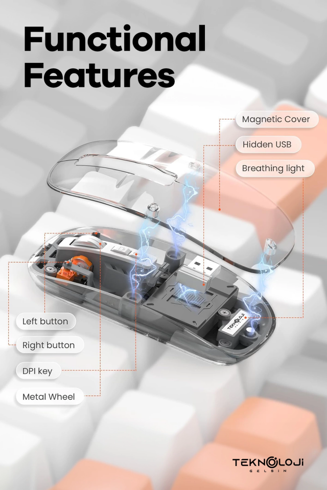 Bluetooth USB Çift Modlu Sessiz Mouse, Şeffaf Mıknatıslı Kapaklı, Type-C Şarjlı, DPI Ayarlı, Kablosuz 10m Çekim Mesafeli, Masaüstü Kısayol Tuşlu, Taşınabilir Şarjlı Mouse Beyaz ( Lisinya )