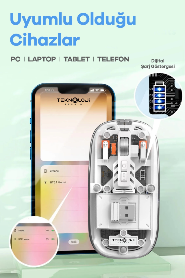 Bluetooth USB Çift Modlu Sessiz Mouse, Şeffaf Mıknatıslı Kapaklı, Type-C Şarjlı, DPI Ayarlı, Kablosuz 10m Çekim Mesafeli, Masaüstü Kısayol Tuşlu, Taşınabilir Şarjlı Mouse Beyaz ( Lisinya )