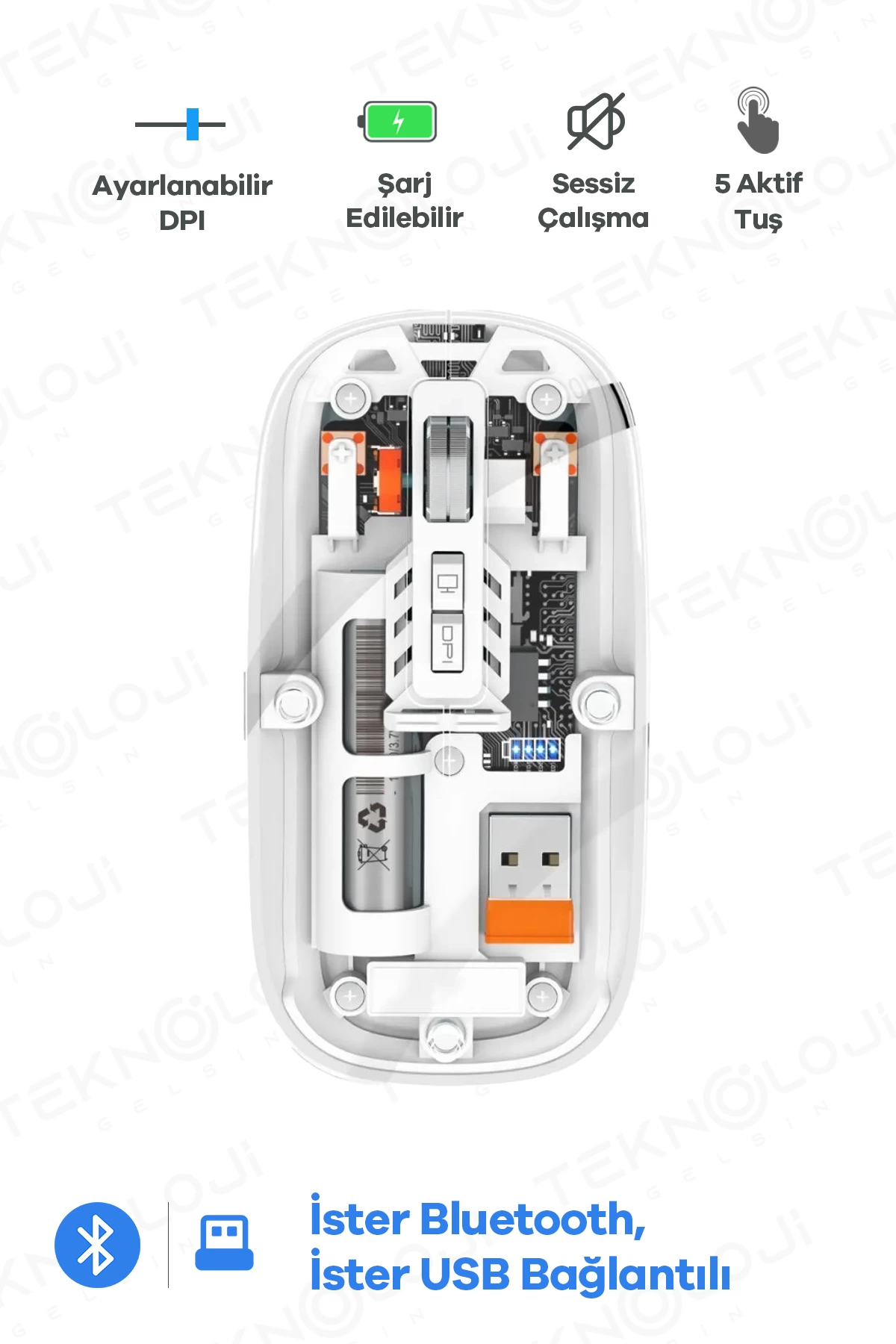 Bluetooth USB Çift Modlu Sessiz Mouse, Şeffaf Mıknatıslı Kapaklı, Type-C Şarjlı, DPI Ayarlı, Kablosuz 10m Çekim Mesafeli, Masaüstü Kısayol Tuşlu, Taşınabilir Şarjlı Mouse Beyaz ( Lisinya )
