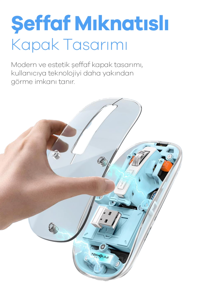Bluetooth USB Çift Modlu Sessiz Mouse, Şeffaf Mıknatıslı Kapaklı, Type-C Şarjlı, DPI Ayarlı, Kablosuz 10m Çekim Mesafeli, Masaüstü Kısayol Tuşlu, Taşınabilir Şarjlı Mouse Beyaz ( Lisinya )