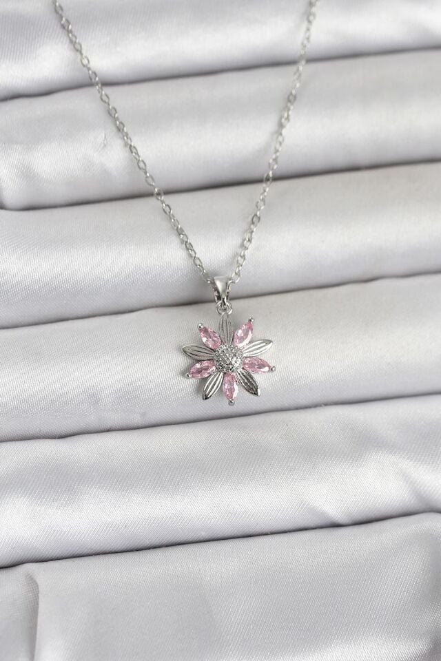 316L Çelik Zincir Gümüş Renk Pembe Papatya Model Kadın Kolye - Lisinya
