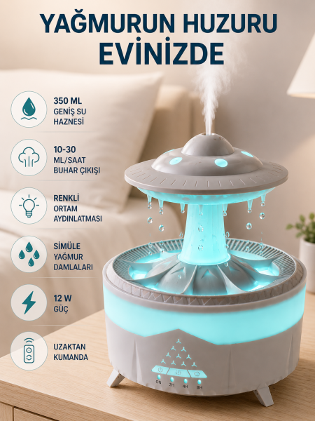Dekoratif UFO Hava Nemlendirici Simüle Yağmur Damlalı Renkli Gece Işıklı 350 ML - Lisinya