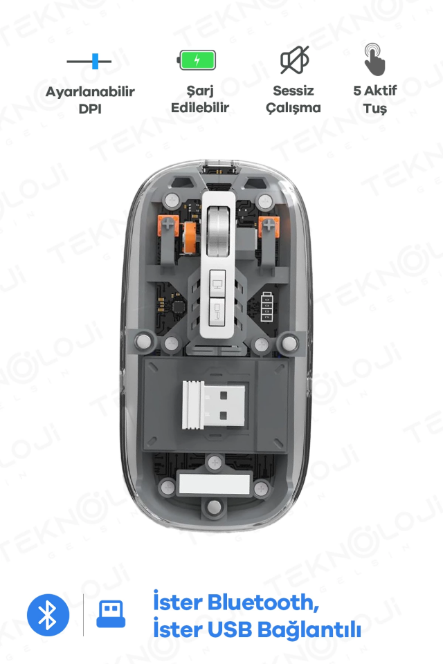 Bluetooth USB Çift Modlu Sessiz Mouse, Şeffaf Mıknatıslı Kapaklı, Type-C Şarjlı, DPI Ayarlı, Kablosuz 10m Çekim Mesafeli, Masaüstü Kısayol Tuşlu, Taşınabilir Şarjlı Mouse Siyah ( Lisinya )