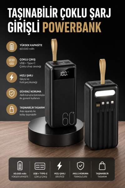 Powerbank 60.000 MAH 4 Portlu Uzun Şarj Süreli Dijital Göstergeli - Lisinya