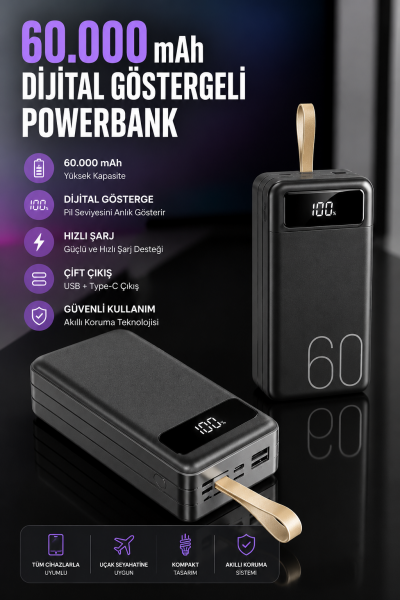 Powerbank 60.000 Mah Hızlı Şarj 4 Çıkışlı Uzun Şarj Süreli Dijital Göstergeli - Lisinya