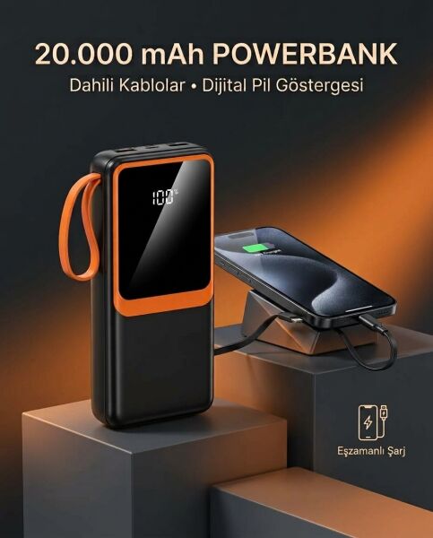 Dahili Çoklu Kablolu 20000 mAh Powerbank Dijital Pil Göstergeli Telefon Şarj Cihazı