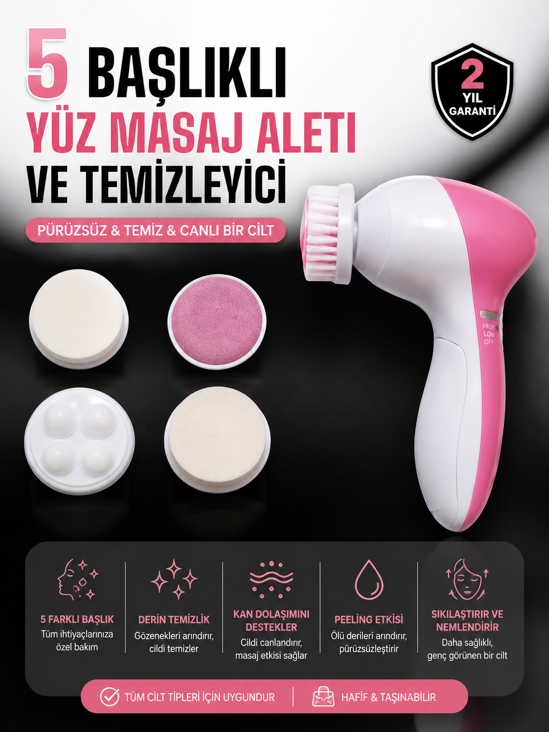 5 Fonksiyonlu Kablosuz Yüz Temizleme Cihazı ile Derinlemesine Cilt Bakımı - Lisinya